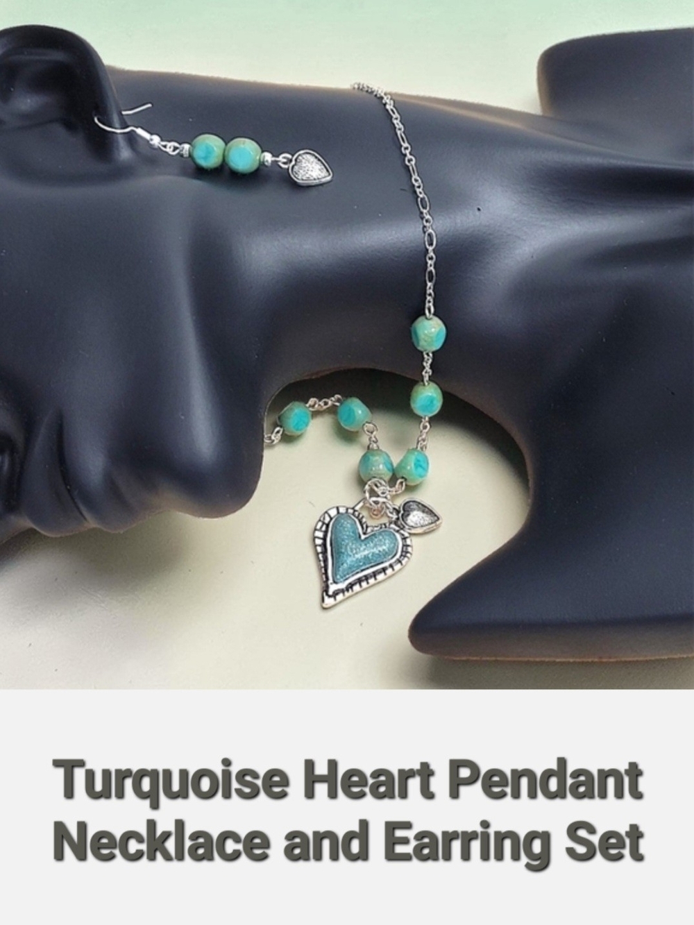 Hand Crafted Turquoise Bead Heart Pendant Necklace and Earrings Set